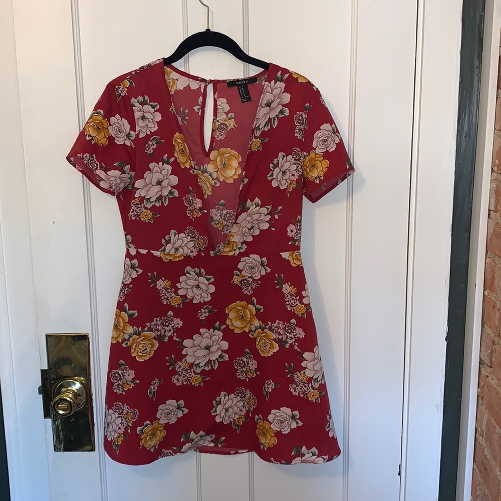 Red dress with pale pink and yellow flowers